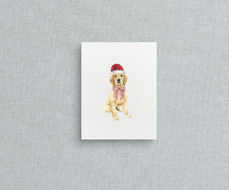 Golden retriever dog wearing santa hat and bow.png