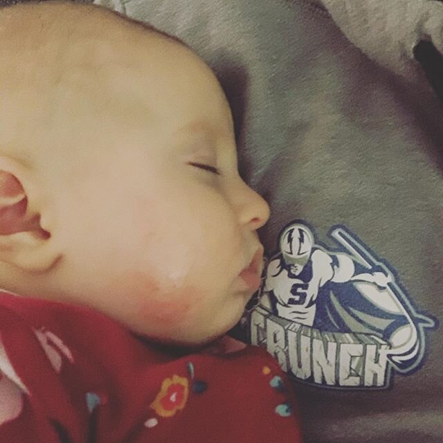 Self-quarantining isn&rsquo;t so bad. She&rsquo;s giving Crunchman a kiss. #whenishockeyback