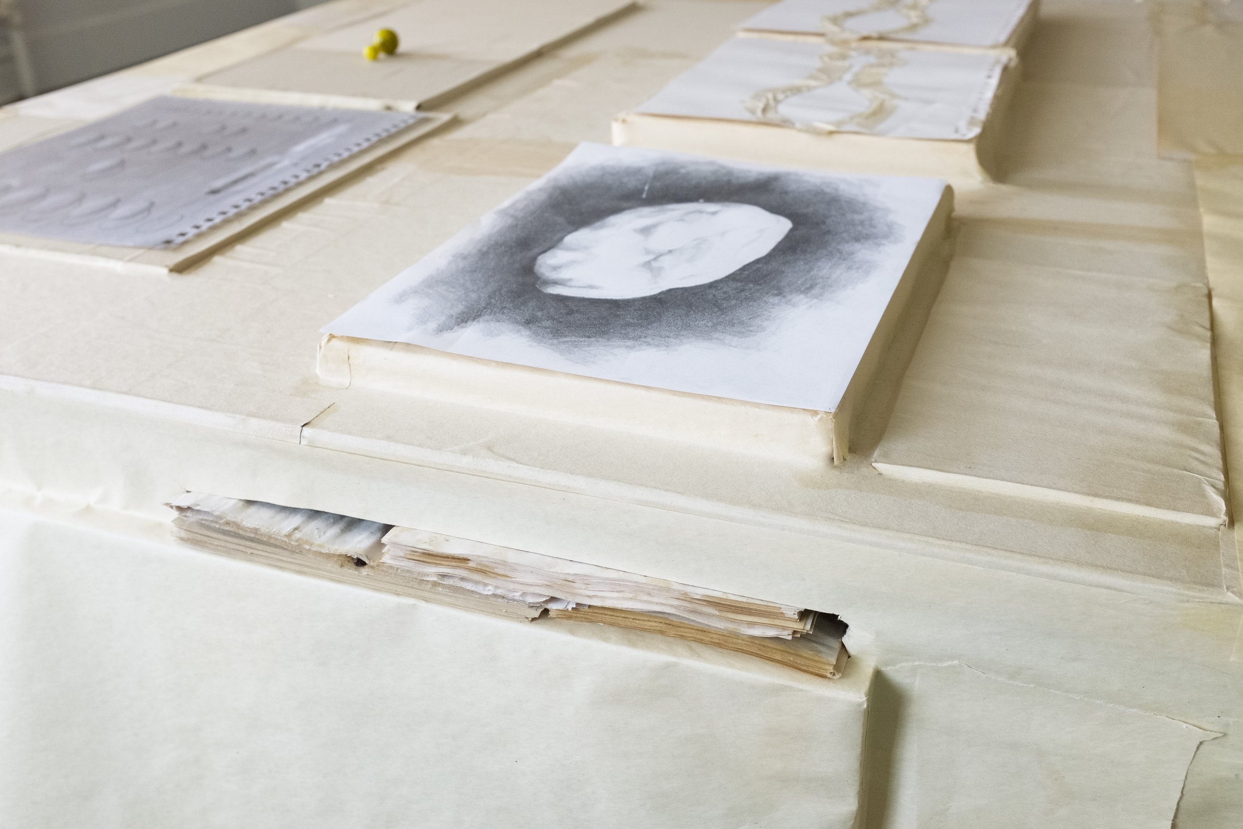 Table, oxidized packing paper, glue, foam, found objects, charcoal, graphite, wax paper, tape. Studio courtesy Summer Studio Grant from the Anderson Gallery in Richmond, VA.