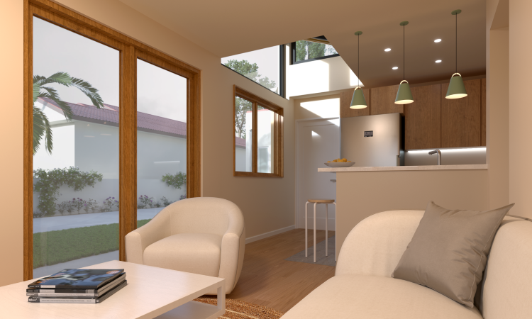 ADU kitchen & living area with clerestory lantern
