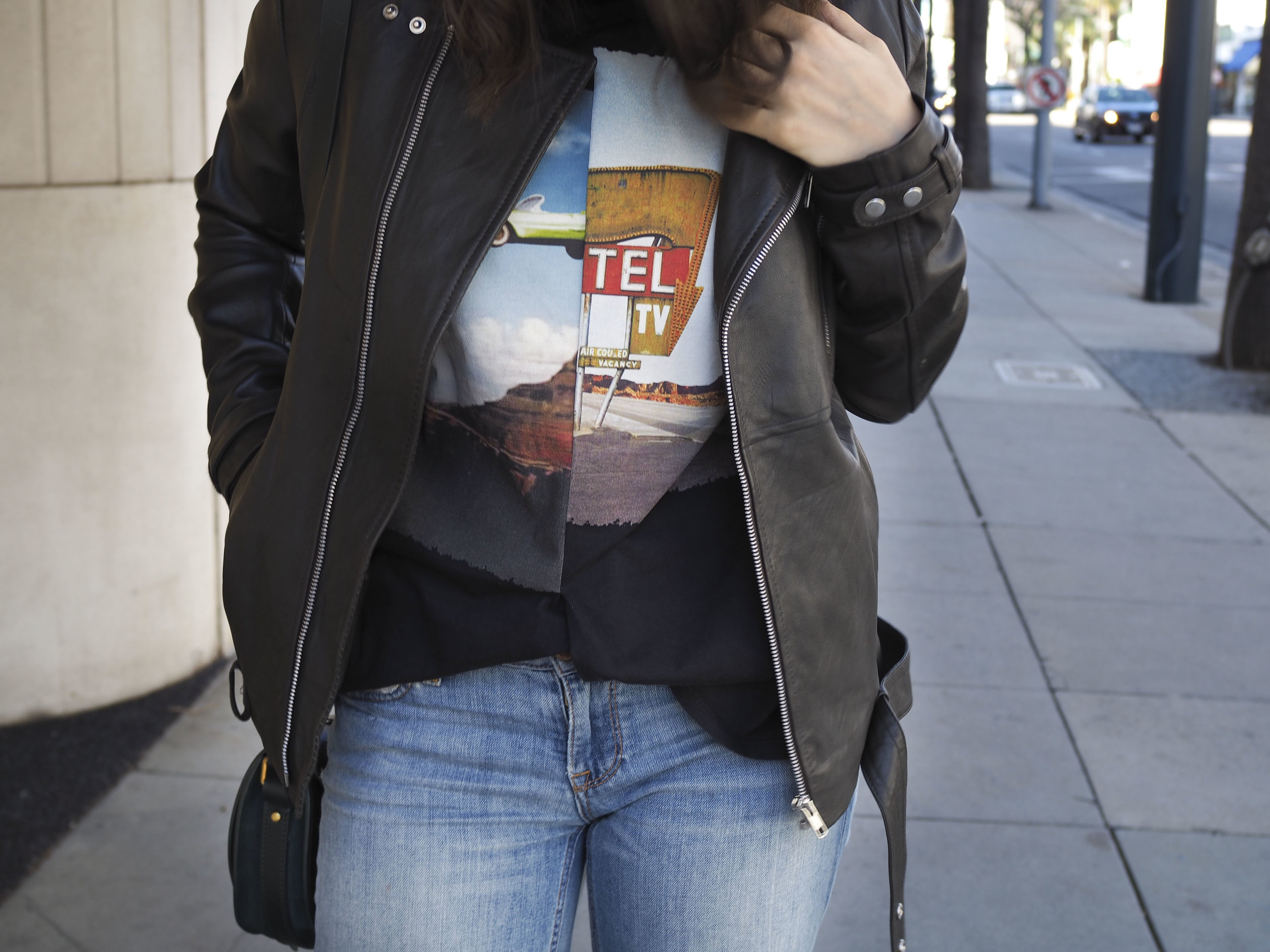 Jerome Dreyfuss Bag, J.crew Jeans, Vanessa Bruno Leather Jacket, Cedric Charlier T-shirt, L'intervalle Shoes and Superdry Sunglasses.