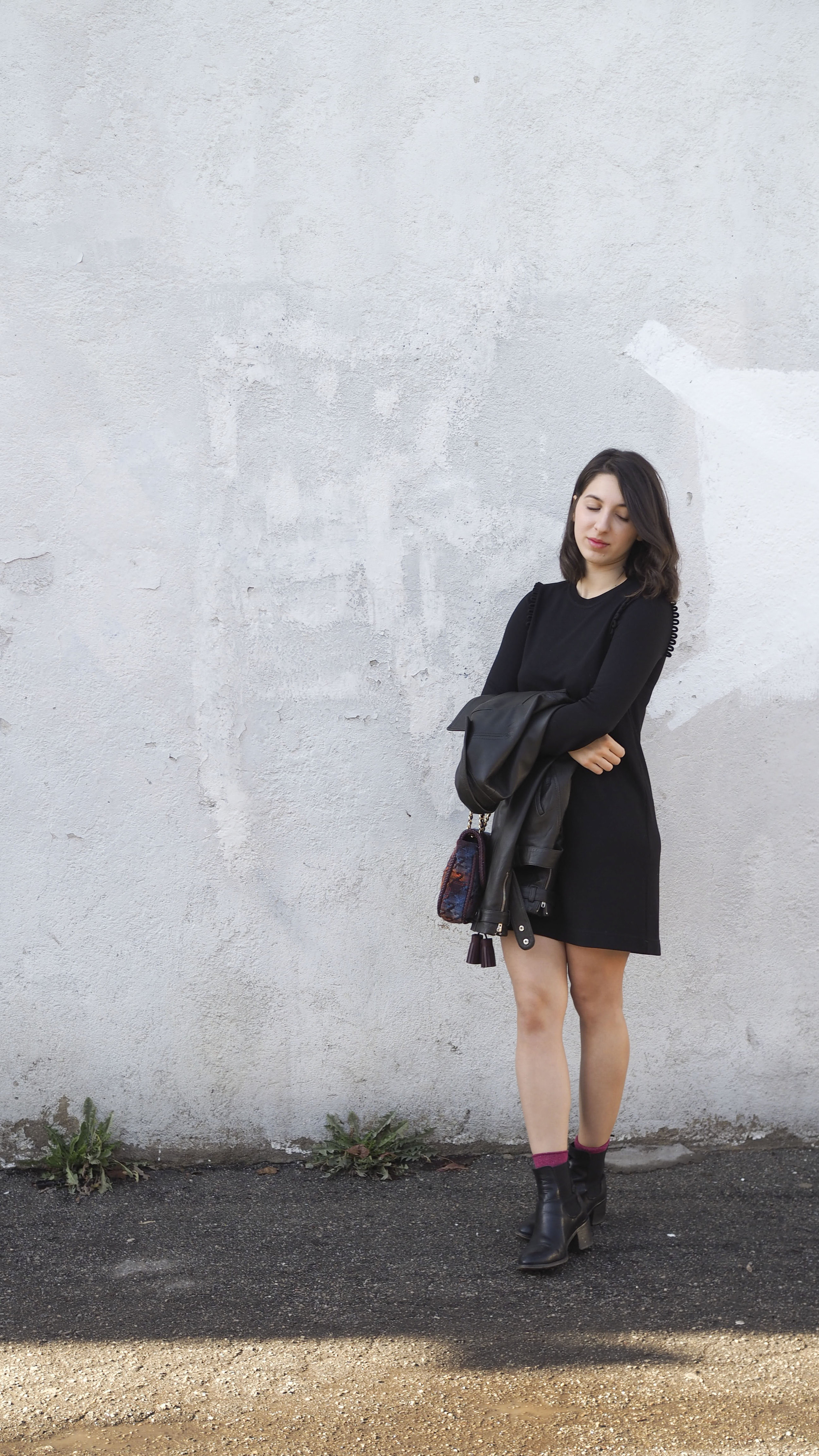 Chloé Dress, Vanessa Bruno Leather Jacket, Paul Smith Socks, L'intervalle Shoes and Vivienne Westwood Bag.