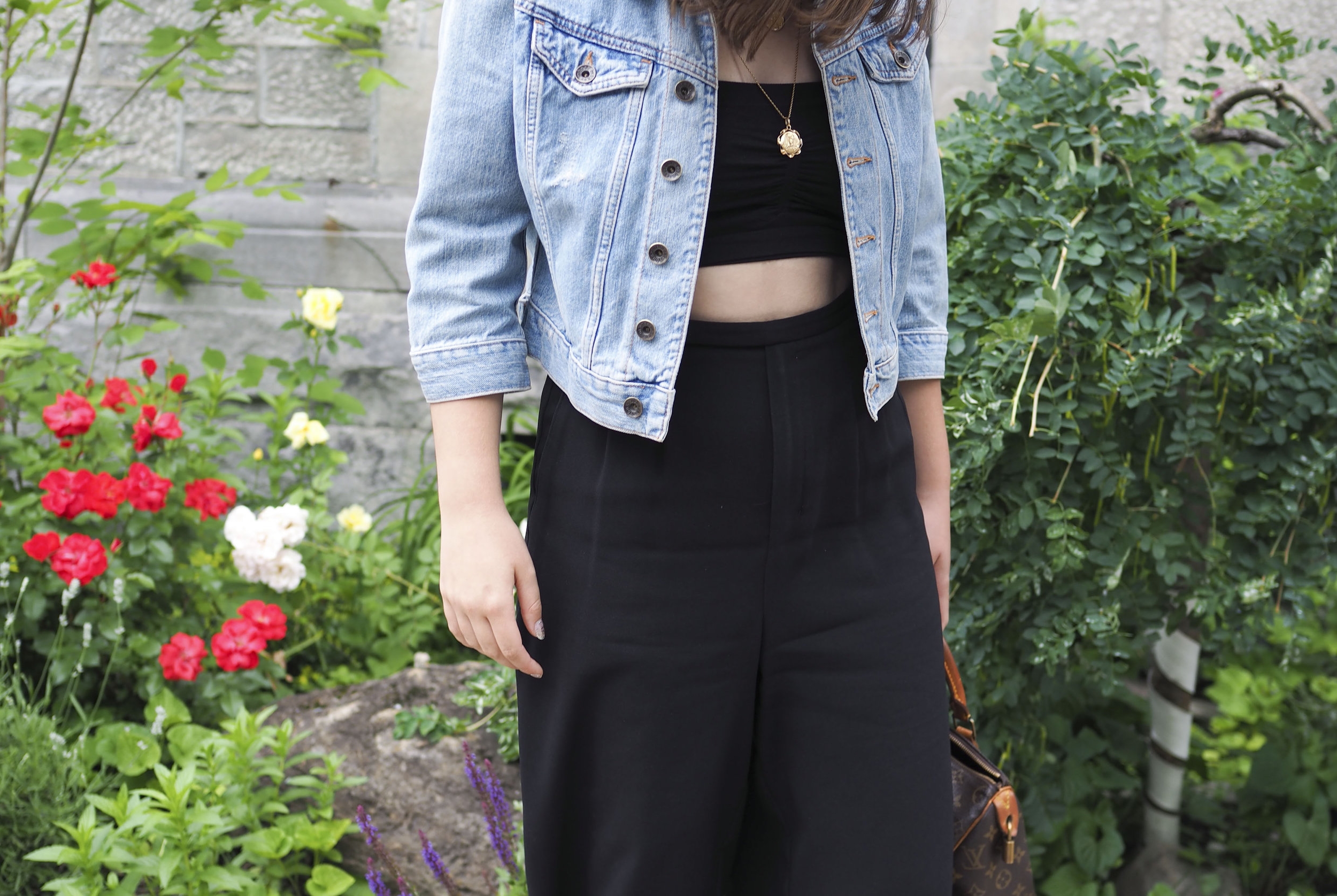 Sandro Jacket, Louis Vuitton bag, Aritzia Pants, Urban Outfitters Top, Vintage Necklaces.