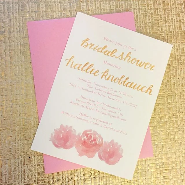 Bridal shower invite for a lovely bride! Pink peonies + gold brush lettering๐๐ผ #calligraphy #lettering #brushlettering #peonies #gold #pink #calligraphyart #watercolor #bride #bridalshower #celebration