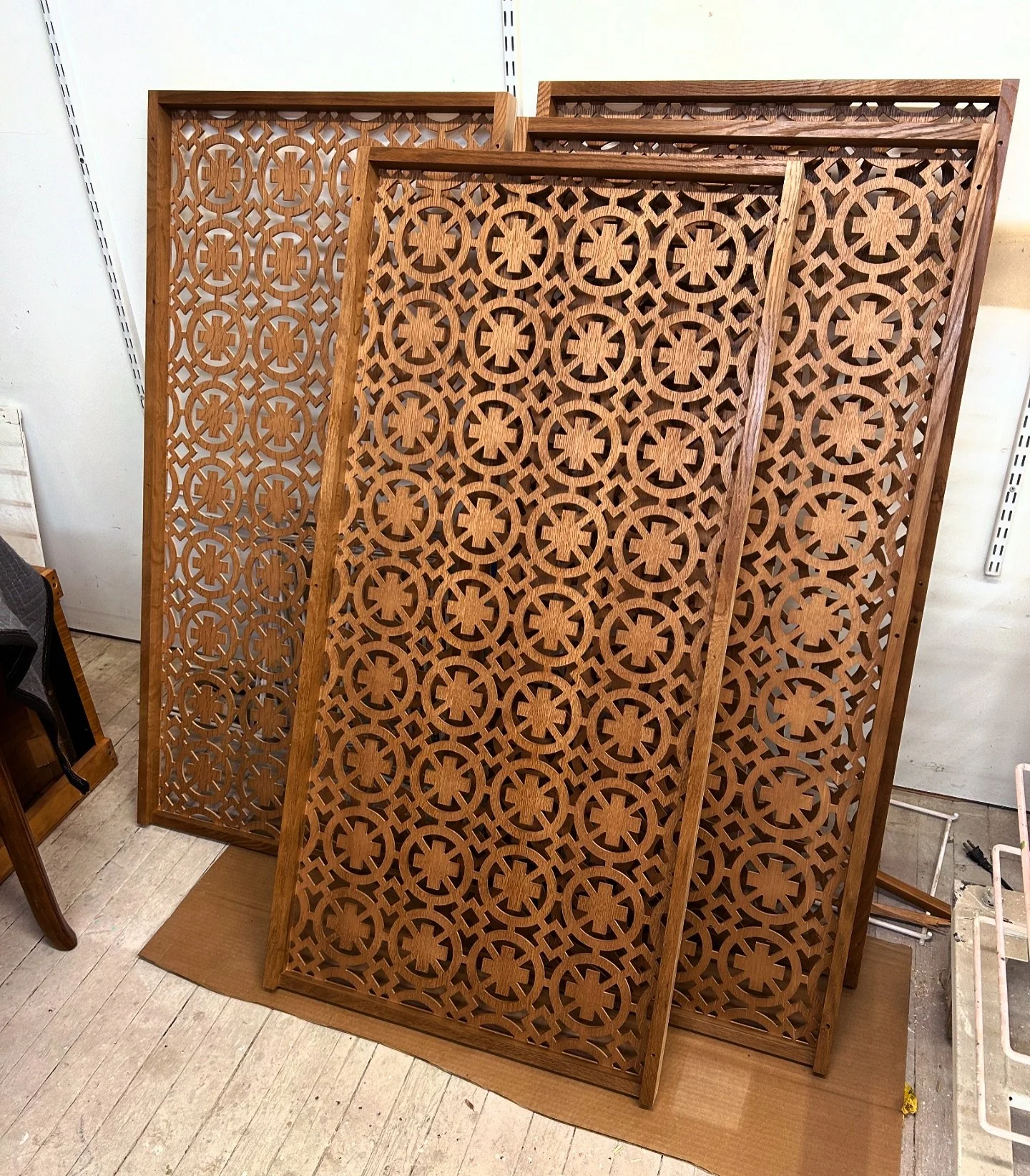 Custom matching a sprayable wood dye to stain these gorgeous pipe shades for Noack Organ Co.’s latest pipe organ project ✨ #dogtownrestoration #noackorgancompany #customfinishing #customcolor #woodstaining #capeann #newengland