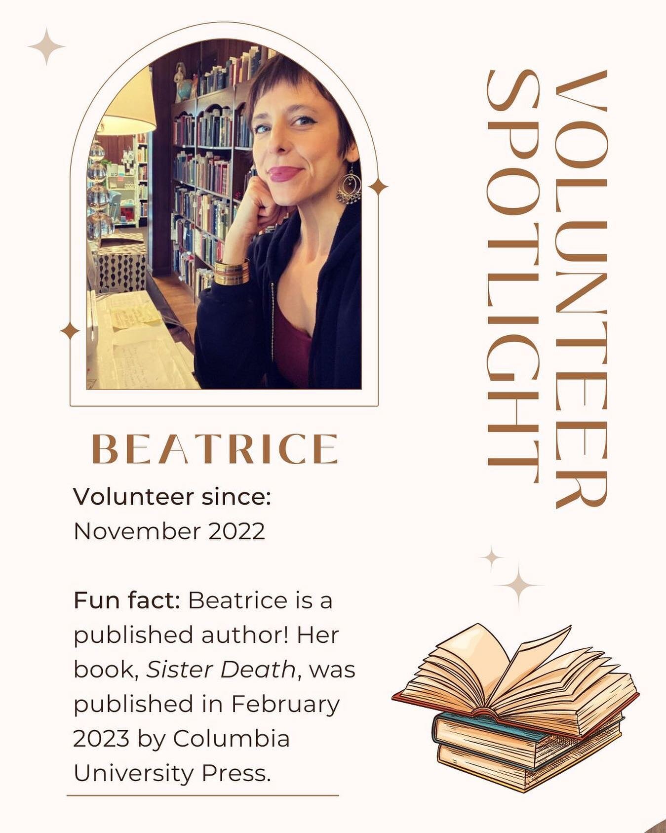 This week&rsquo;s volunteer spotlight is Beatrice! Not only is Beatrice a professor at Hanover College, a parent, and a published author, she is also an amazing volunteer who you can often find in the bookstore on Fridays. Thanks for all you do, Beat