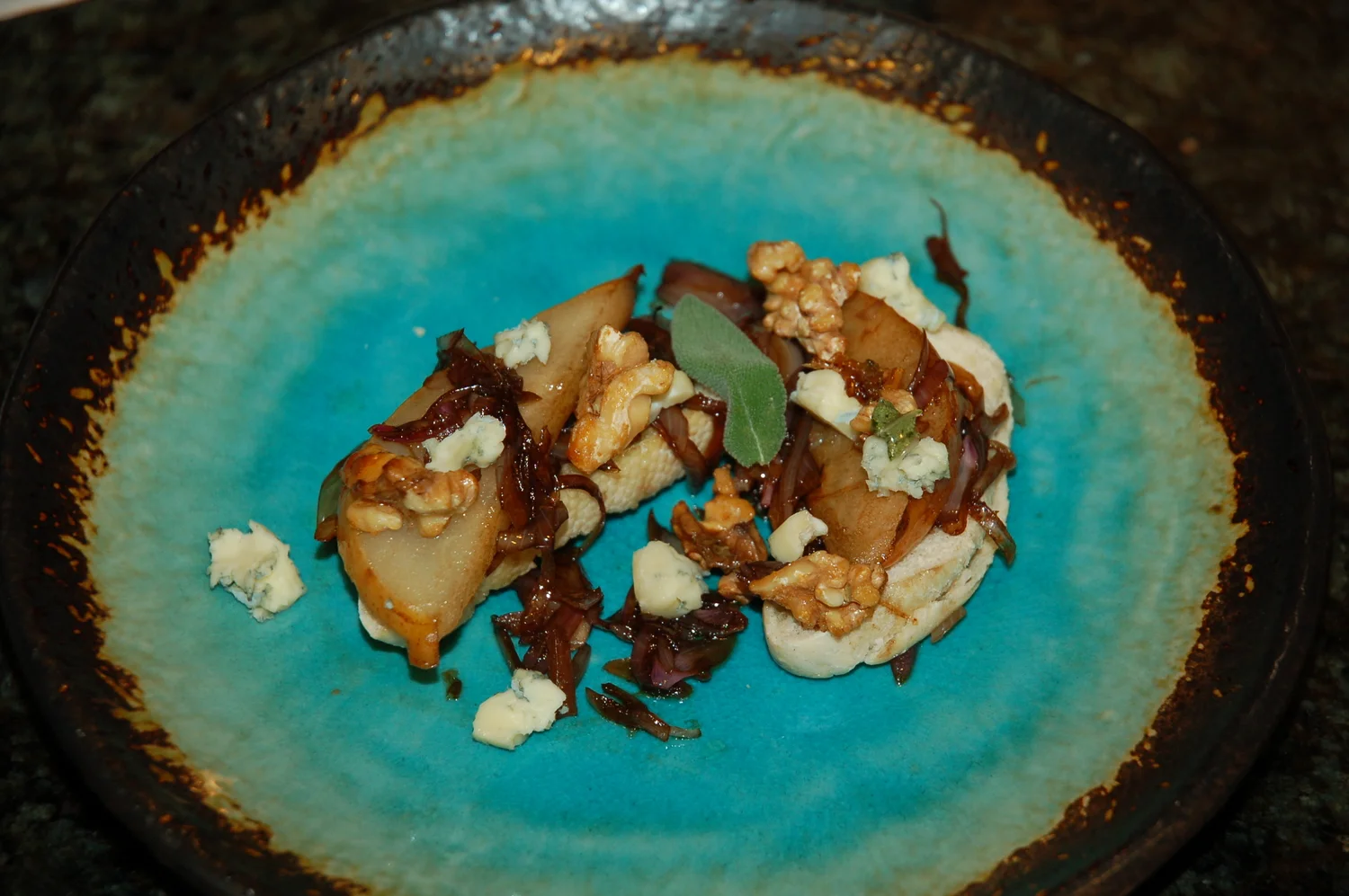 Sage, Pear, Walnut, Caramelized Shallot and Blue Cheese Crostini