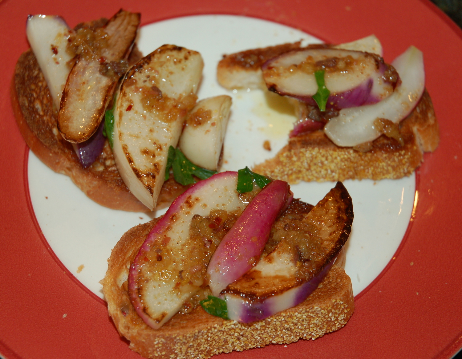 Seared Radish and Hakurei Turnip Crostini