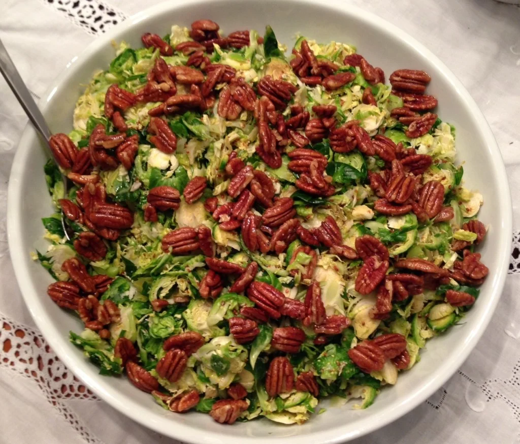Brussels Sprouts Slaw with Mustard Vinaigrette and Candied Pecans