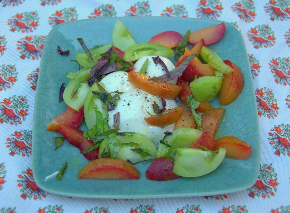 Pluot, Green Tomato and Mozzarella Salad with an Agrodolce Vinaigrette