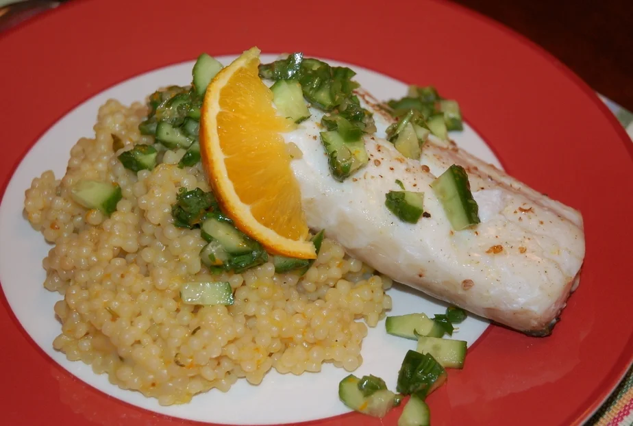 Halibut with Herb-Citrus Salsa and Israeli Couscous Risotto