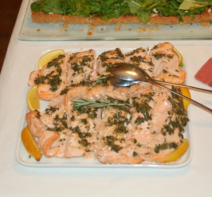 Salmon, Rosemary-Rubbed Side of, with Roasted Potatoes, Parsnips and Mushrooms
