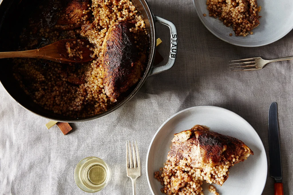 Chicken with Caramelized Sumac Onions, Preserved Lemon and Israeli Couscous