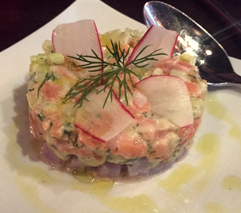 King salmon tartar with purple potatoes, mustard and cucumber