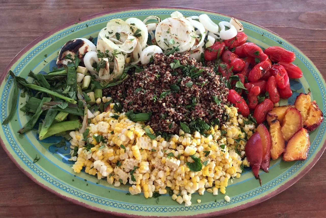tricolor quinoa with grilled veggies and peaches