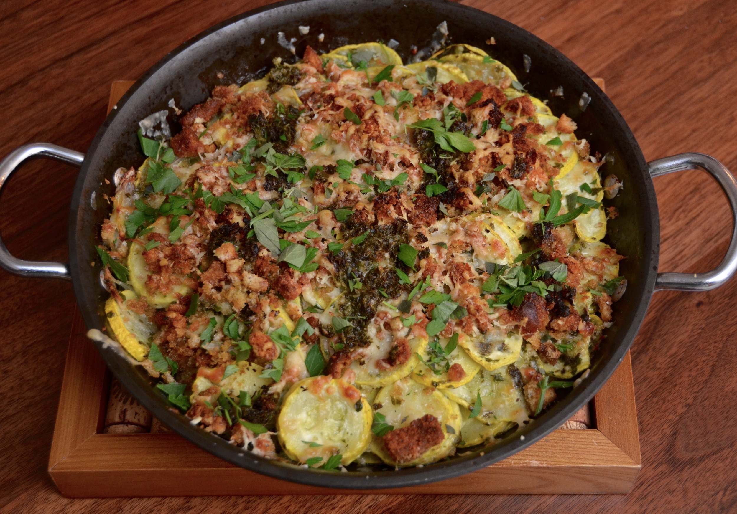 summer squash gratin with salsa verde