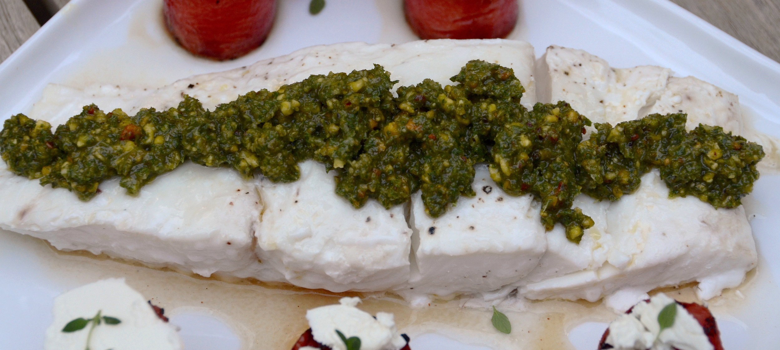 oven-roasted halibut with mint pistachio pesto