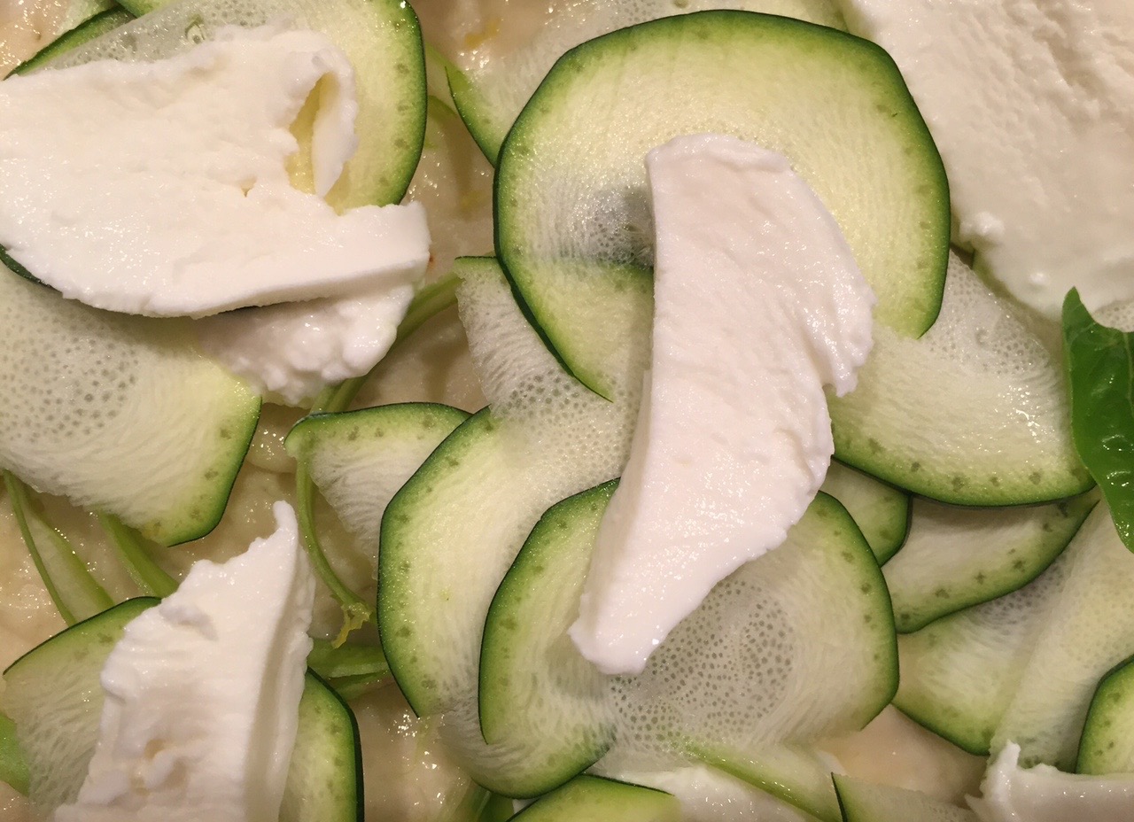 shaved zucchini with mozzarella and shaved asparagus pizza