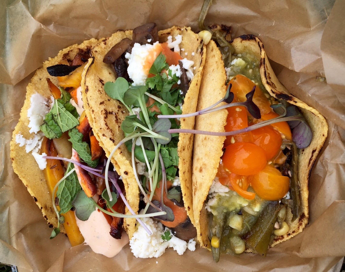 the market taco trio from Chaia: carrots, mushrooms, okra/corn