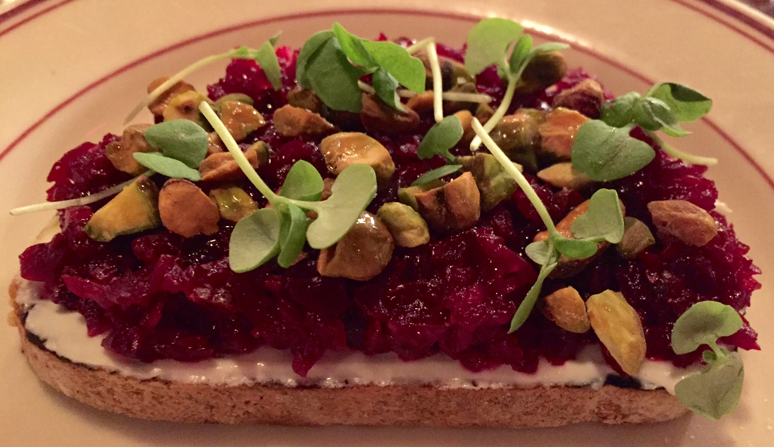 roasted beet and goat cheese bruschetta with pistachios