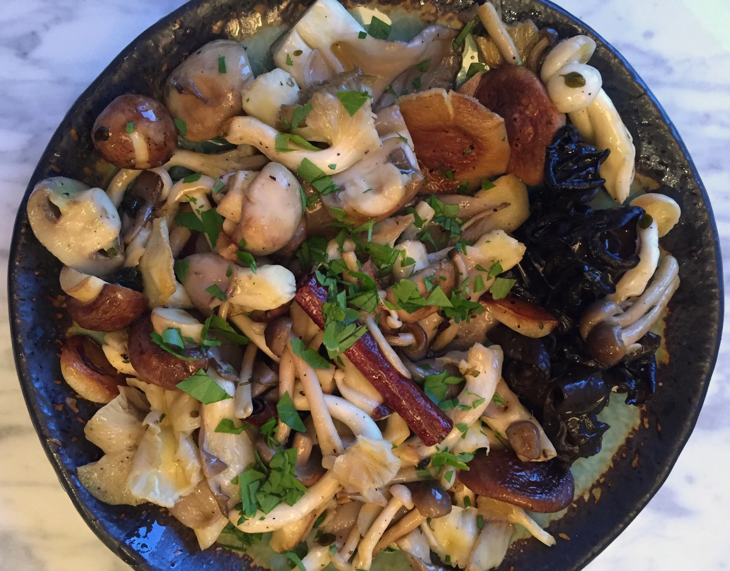 sautéed mushrooms with parsley, garlic, cinnamon and thyme; part of tonight's dinner.