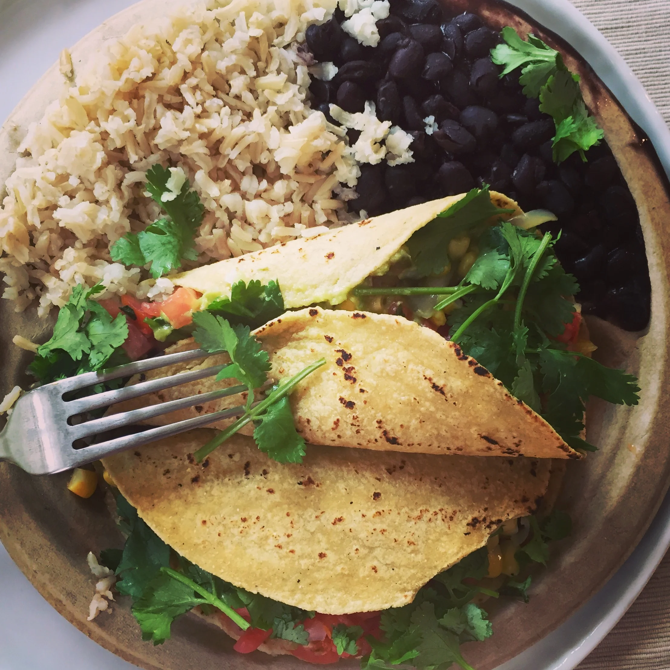 veggie tacos, beans and brown rice