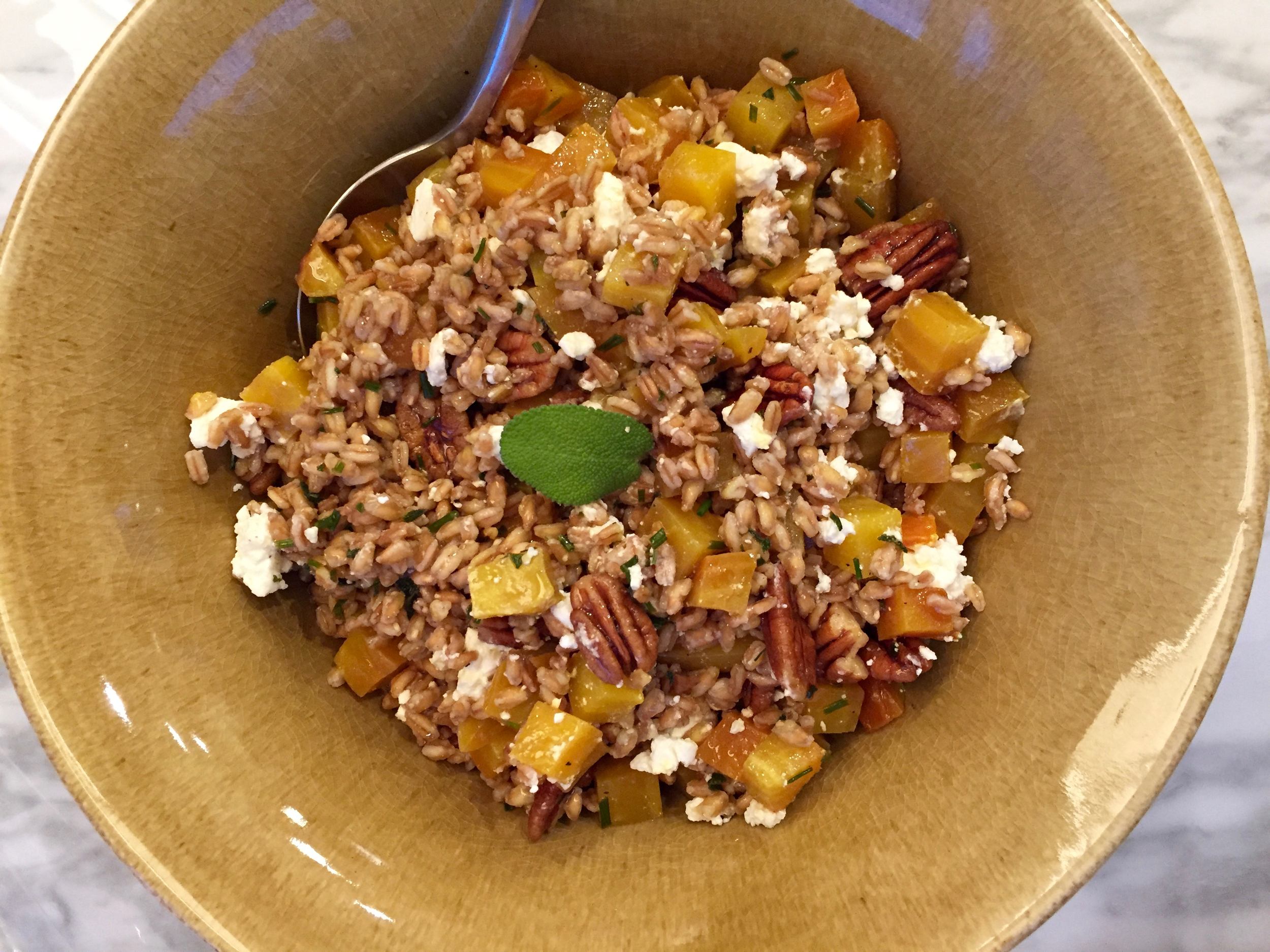 farro with golden beets, candied pecans, feta and chive-sage oil