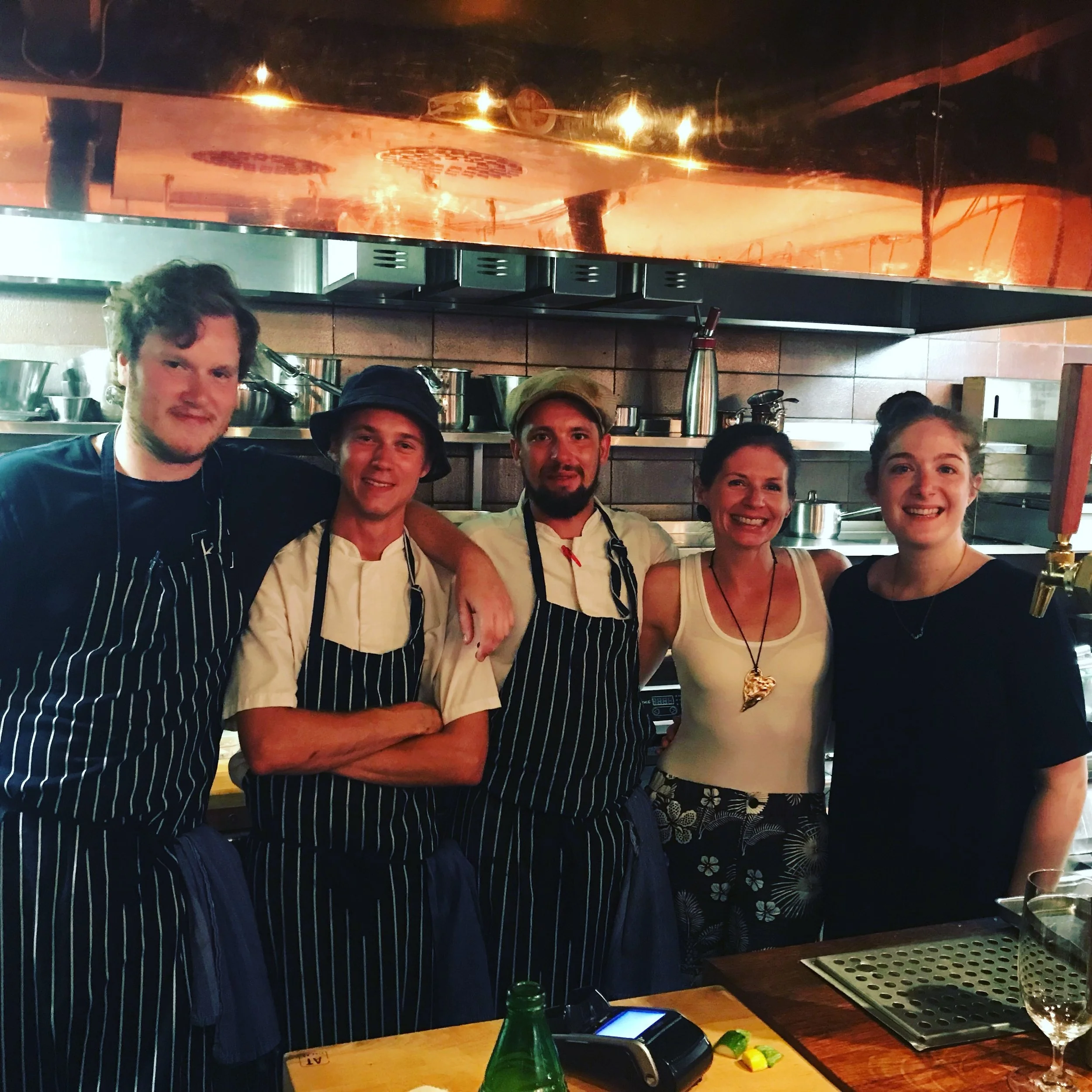 Kalle, the guy from the forest, another forester and the one who told me about the shallot/lemon/butter vinaigrette, happy Em, and the hostess/sommelier. Is this not a fantastically fun photo?