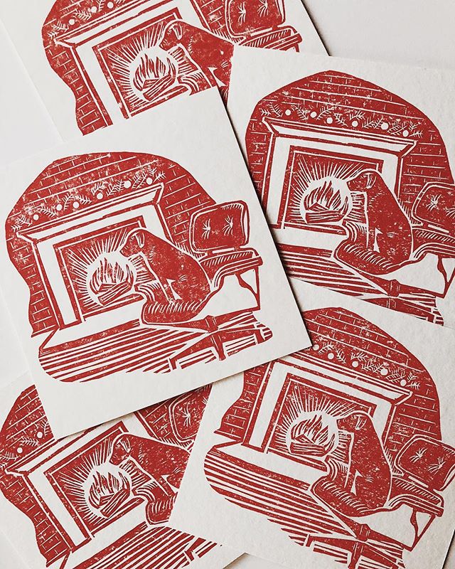 Sending everyone warm wishes! (Custom linocut cards for @patrickthompsondesign  featuring Birdie!) #letterpress