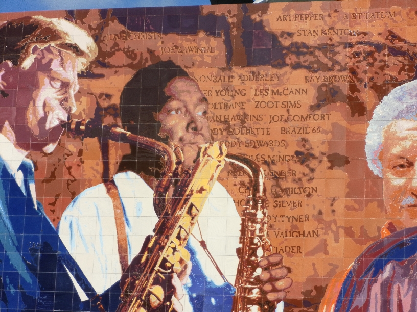   "Hollywood Jazz: 1945-1972&nbsp;Mural&nbsp;  Restoration  &nbsp;in Ceramic Tile", Detail    2012 Hand-glazed ceramic tile   26&nbsp;x 88 feet   © Richard Wyatt Jr.  