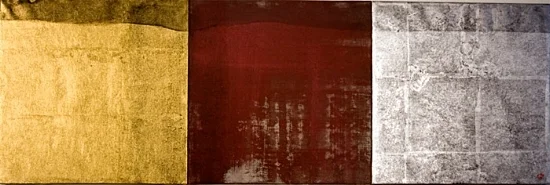 Seijaku 182009, mineral pigments, 24k gold leaf, pure silver leaf, sumi ink on Kumohada paper on 3 panels11 3/4" x 35 1/4"&nbsp;(in collection,&nbsp;Harrisburg, PA)