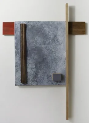 Terrain Study 39 2017, mineral and plant pigments, red Flashe, Kumohada paper, mixed reclaimed wood construction 18 ½ x 13”