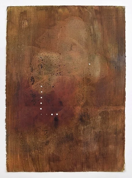 Terrain Study 25 2017, mineral and plant pigments on paper with holes 30” x 22 1/2"