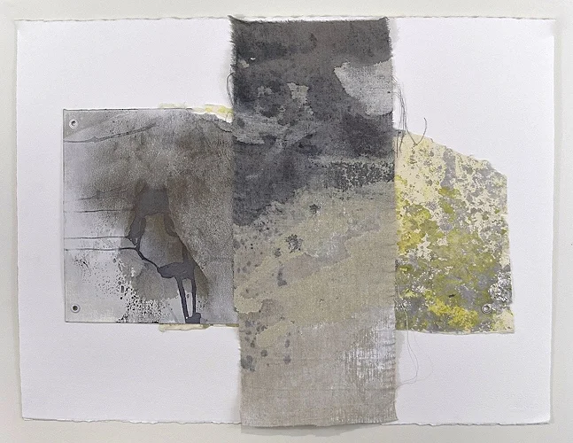 Terrain Study 21 2017, mineral, plant and shell pigments, soil, sumi, grommets, stitching on linen and mixed papers 23 ½” x 30”
