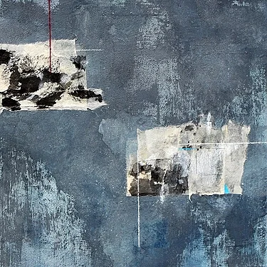 Terrain Study 22016, mineral pigments, shell white, sumi, colorl pencil on Kumohadamashi with Kozo collage on panel.22" x 22" (in private collection Adelaide, Australia)