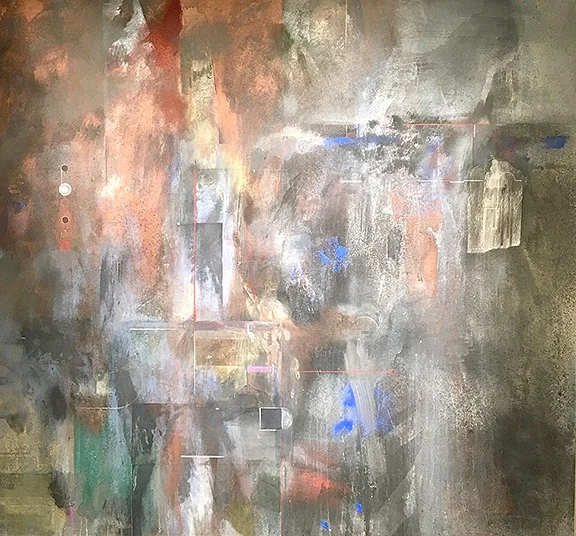 Mingled Terrain 2018, mineral, plant, shell pigments, sumi, copper, oil pencil, cinnabar paste, graphite, NY Times collage on canvas 65” x 70”