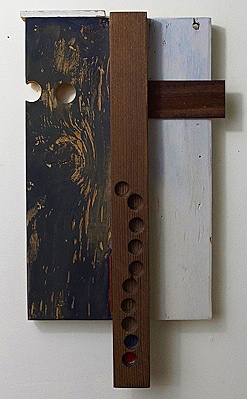 Terrain Study 40 2017, mineral pigments, red Flashe, mixed reclaimed wood construction 18 ½" x 9 ½"