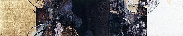 Seijaku-1-52007, mineral pigments, sumi, oyster shell, gold and silver leaf on Kumohada paper on 5 panels57 1/2" x 11 1/2"&nbsp;(in private collection,&nbsp;Evanston, IL).