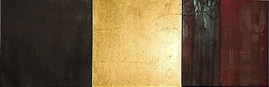 Seijaku 202009, mineral pigments, 24k gold leaf, sumi ink on Kumohada paper on 3 panels11 3/4" x 35 1/4"&nbsp;(in collection,&nbsp;Harrisburgh, PA)