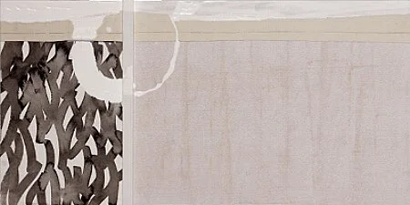 A Different Way Around2011, canvas, paper, antique sumi ink, oyster shell white and gloss enamel on panel12" x 24"