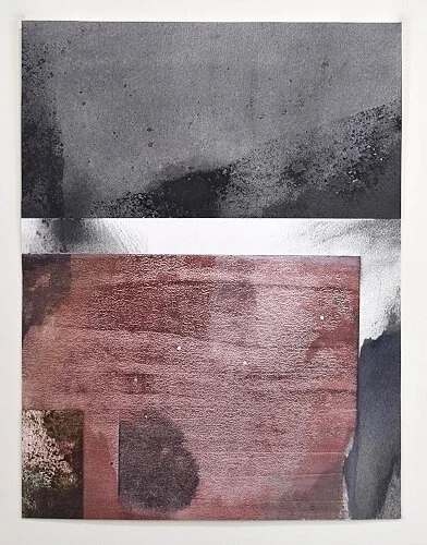Terrain Study 222017, mineral, insect and shell pigments, soil, sumi on mixed papers with holes16” x 12 ½” (collection of artist)