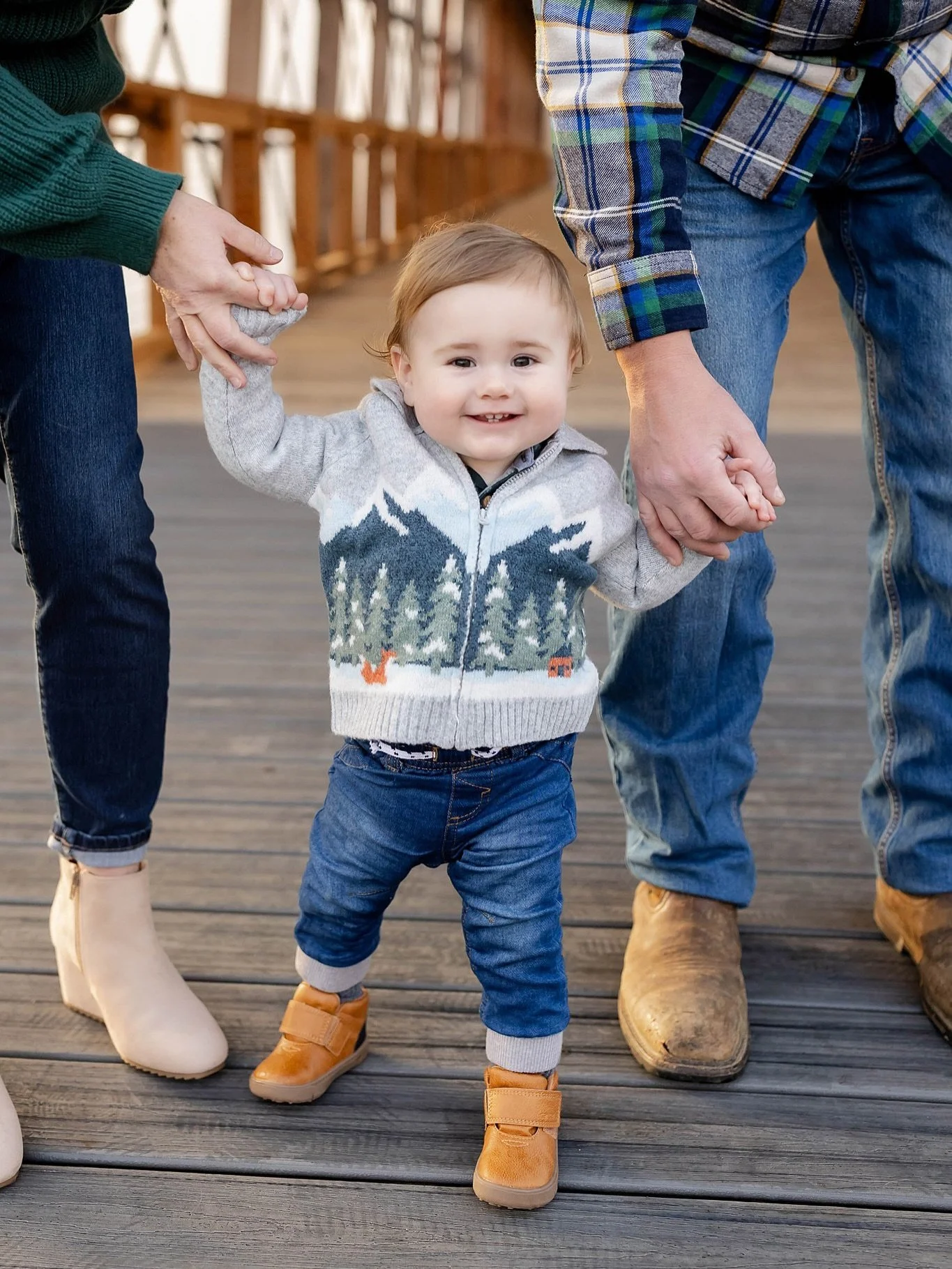Pretty pleased with these smiles given the cold morning temps, an icy bridge, and a sleepy baby 😊. Next time, we&rsquo;re bringing Kolsen&rsquo;s roller skates, right @kimberlytaylor_22 ? 😜