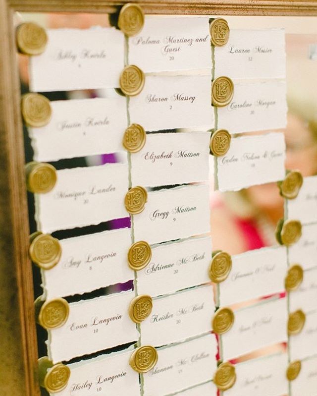 Escort card displays can bring so much character to your wedding. Wax seals, deckled edge AND a mirror- WOWZA! This wedding was planned by @queryevents and photographed by @katepeasephotography