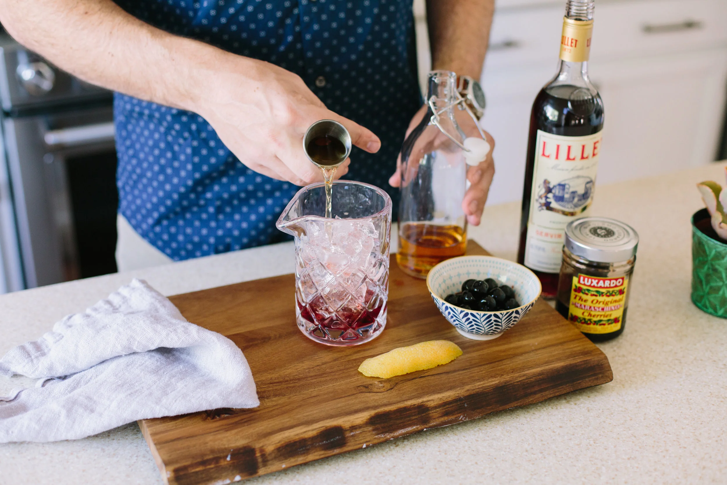 Add ingredients to mixing glass with ice
