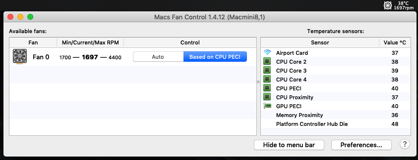 Mac Fan Control interface showing the minimum and maximum speeds of the internal fan: 1700-4400rpm. Also includes convenient temperature readouts of CPU, GPU, and other heat-producing components.