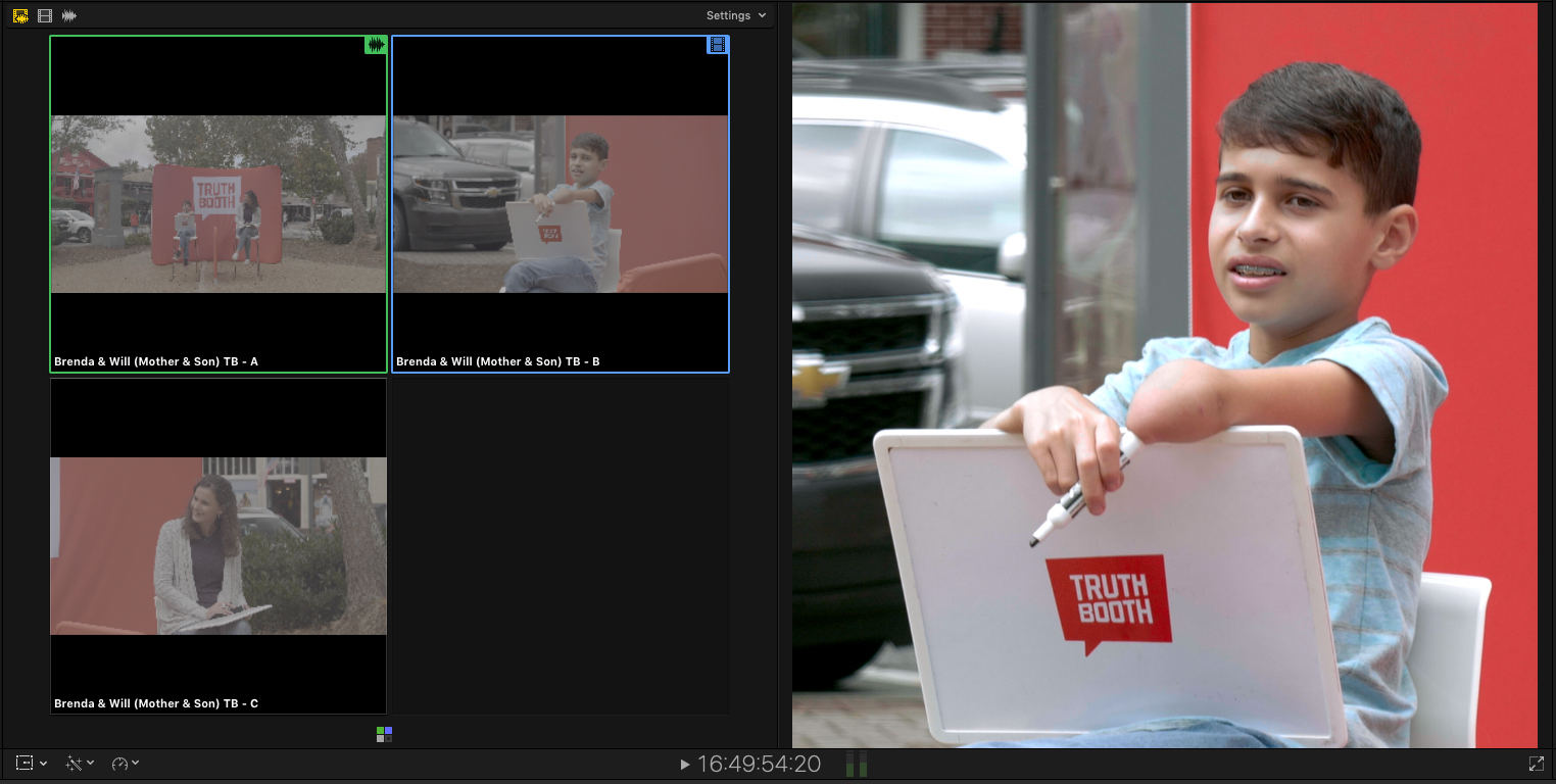 Example of the 4-angle viewer setting in FCPX. While editing multicam clips, it is helpful to see all the angles at a glance. Remember though, this means your machine will be rendering all the angles at once. For a heavy codec like HEVC, that can be a demanding task.
