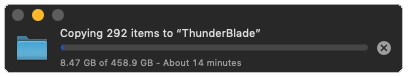 This 458.9GB transfer from the Mag Reader to the ThunderBlade took 15min with the “drag and drop” system. Through the Hedge software, the same transfer also took 15min, but competed an XXH64 Hash with a log report at the same time. Security and speed… Boom baby!
