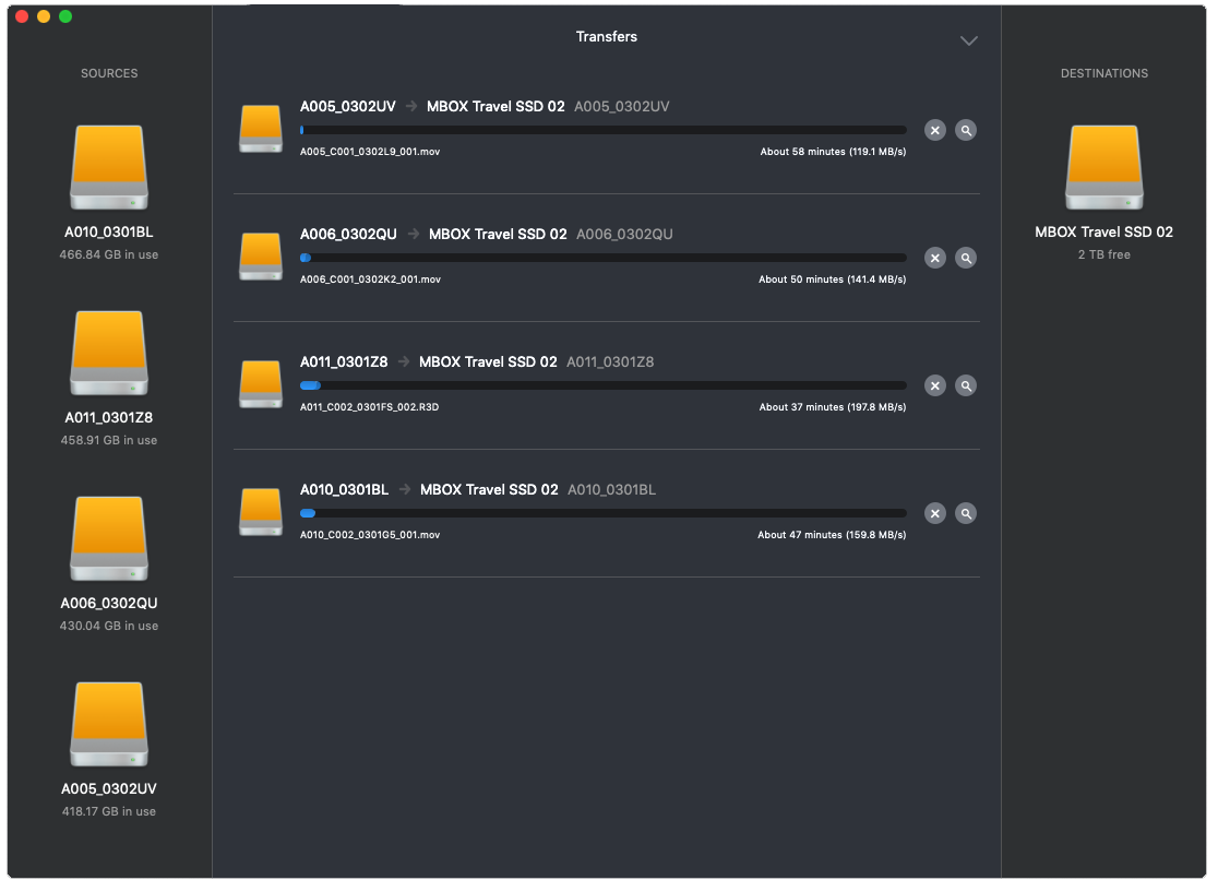This is the Hedge interface. Sources are on the left and destinations on the right. Here we are attempting to transfer 4 RED Mags to a single 2TB SanDisk Extreme Portable SSD. Transferring a single RED Mag of this size usually takes around 15min for the SanDisk, but notice the considerable drop in performance when tasked with multiple transfers at the same time. 15min suddenly becomes an hour. We had to abort this transfer as the drive became dangerously hot and the estimated transfer time continued to climb. The recommended use for a single NVMe drive like this is to transfer one Mag at a time.