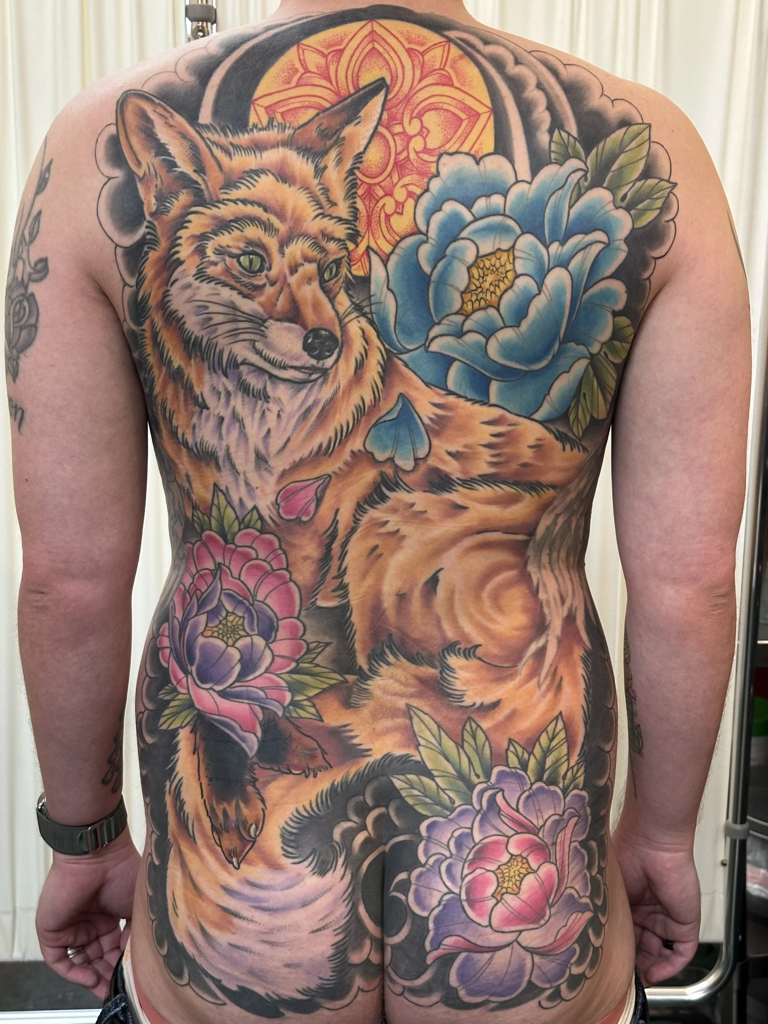 Fox and peonie full back tattoo