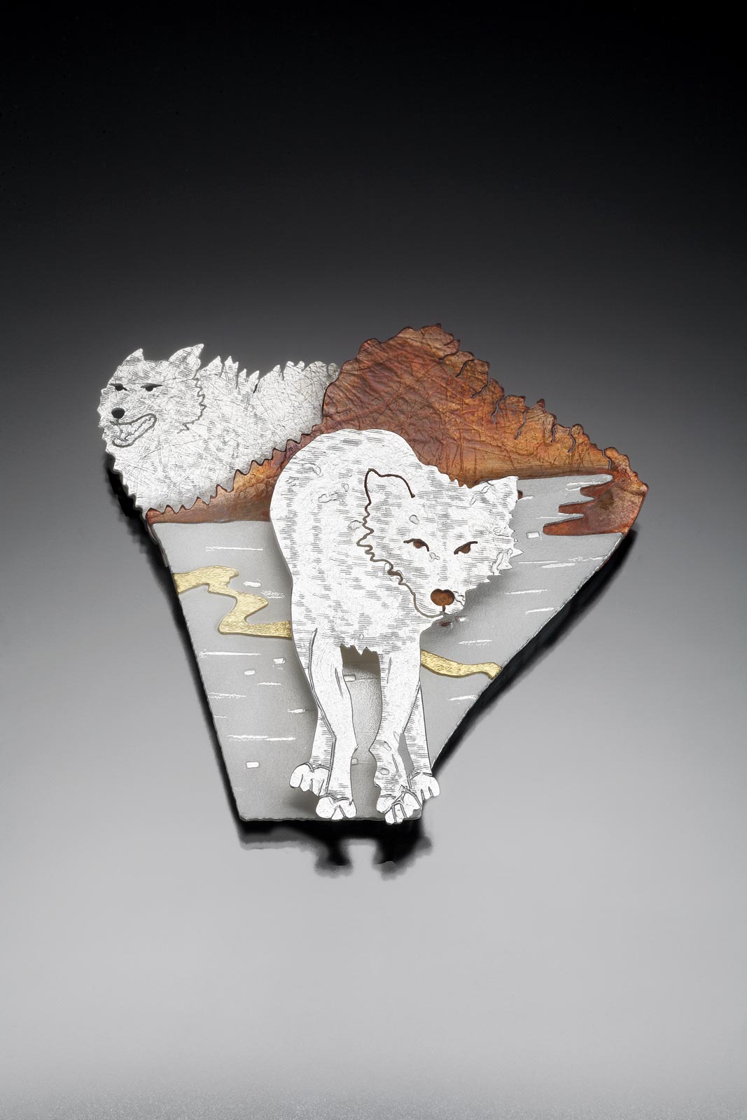 WOLF IN BLACK SPRUCE IV: OUR LAND, OUR ANCESTORS brooch/pendant of sterling silver, copper, eighteen karat gold, 5.87 x 6.19 x 1.27 centimeters, 2011.